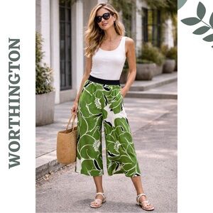Worthington Green Floral Culotte Pants XL Stretch Wide Leg